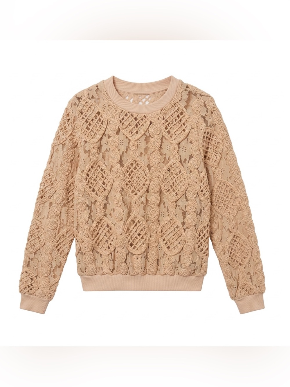 Reserved Beige Crochet Lace Crewneck Sweater
